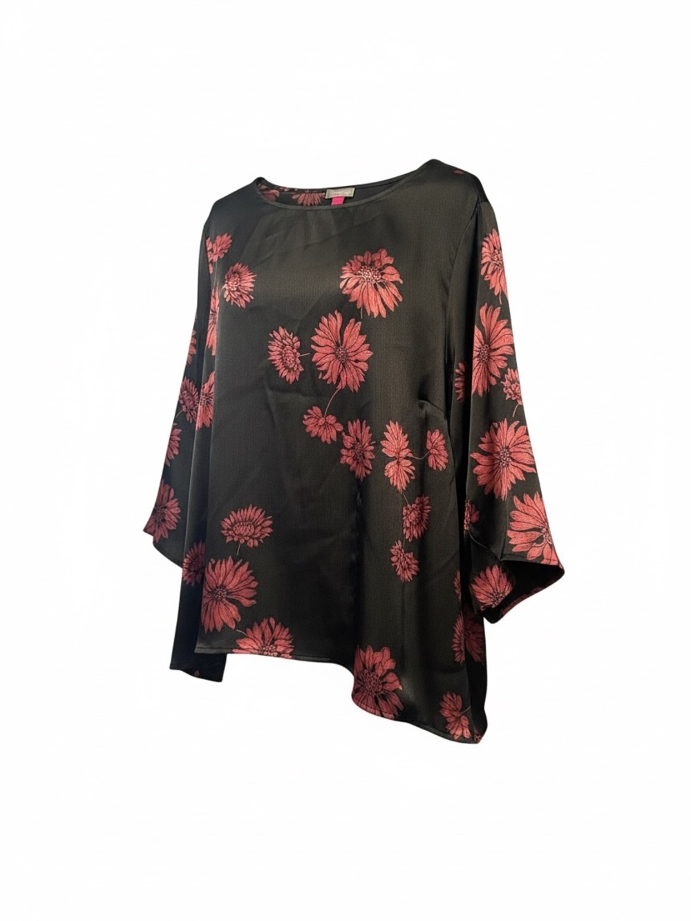 Vince Camuto 2X Black Red Floral Blouse Sheer Bell Sleeve Tunic Top